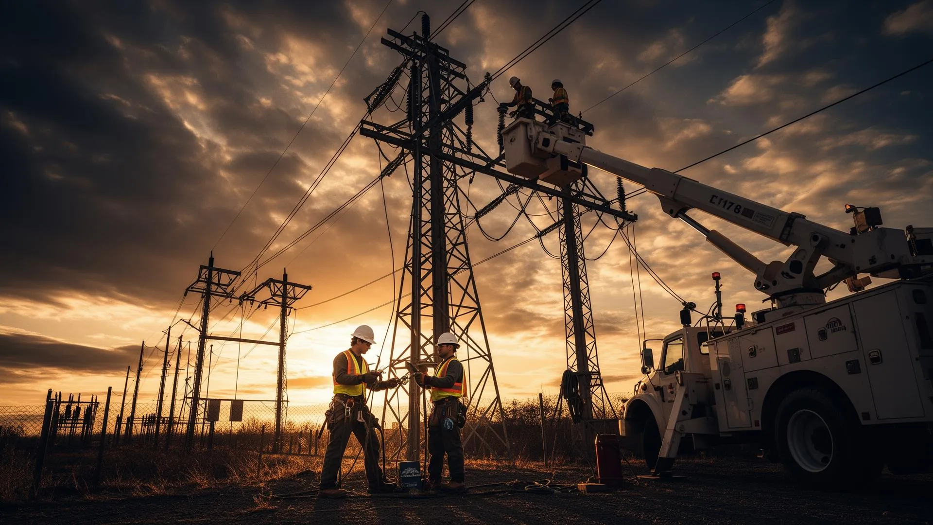 Worker on power line at sunset
